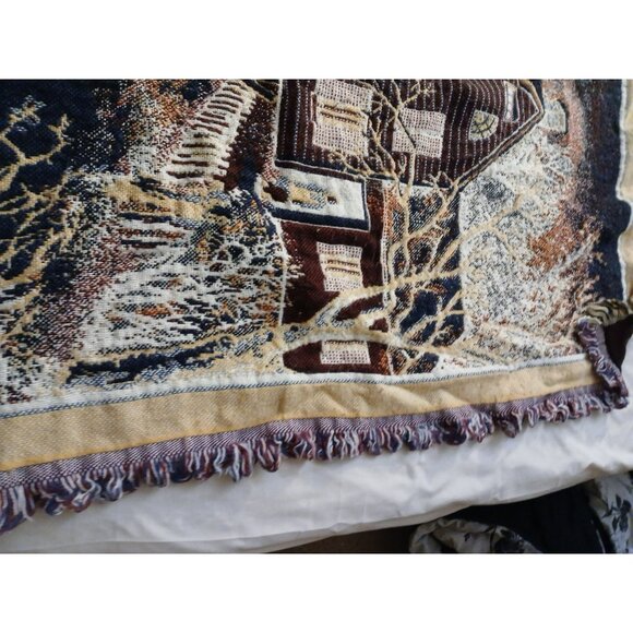 Crown Crafts Winter Scene Sleigh Ride Farm House Throw Blanket Tapestry Vintage - Picture 14 of 14